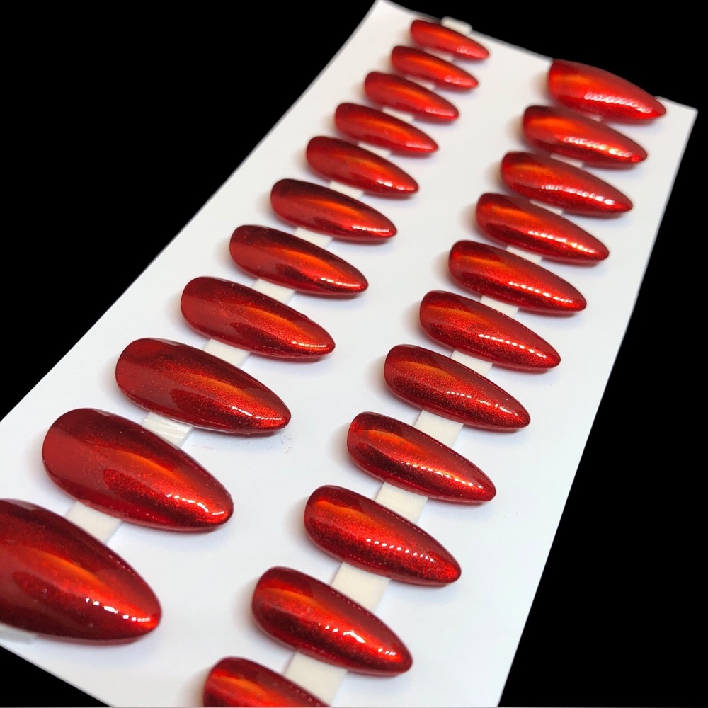 Handmade Press On Nails Medium Length Almond Shape Custom Red Metallic Nails